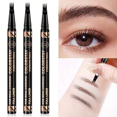 Lápiz de cejas impermeable de 4 garras, a prueba de sudor y manchas, disponible en 3 colores, lápiz de cejas de aspecto natural, cepillo de cejas estéreo, esencial para principiantes y manos torpes