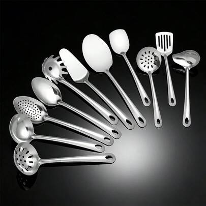 11 قطعة طقم أواني طهي من الفولاذ المقاوم للصدأ، أدوات طهي وتقديم، طقم أدوات مائدة للحفلات الذاتية الخدمة، بما في ذلك مقالي الطهي، ملاعق التقديم، شوكة تقطيع الكيك، ملعقة الحساء، ملقط المعكرونة، وغيرها. مثالي للطهاة المنزليين وعشاق الطهي، ضروري لحياة العطلات. مستلزمات مطبخ وتناول طعام عالية الجودة ومتينة.