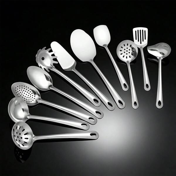 11 Stück Edelstahl Kochgeschirr Set, Kochutensilien und Essbesteck für Selbstbedienung, inklusive Bratspatel, Servierlöffel, Kuchenheber, Suppenkelle, Nudelzange usw. Ideal für Hobbyköche und Kochbegeisterte, unverzichtbar für Feiertage. Hochwertige und langanhaltend Küchen- und Essentials.