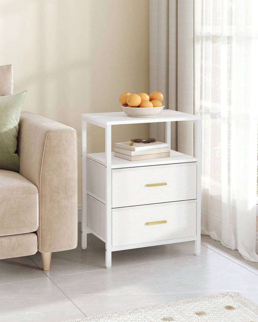 HEXCELEN Bedside Table, Side End Table With 2 Fabric Storage Drawers, Bedside Cabinet With Open Storage Shelf, Nightstand For Bedroom, Livingroom - White - View 1