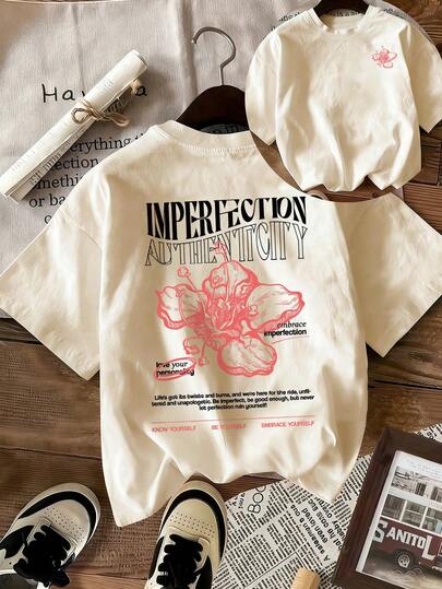 Camiseta de mujer con estilo retro estadounidense, estampado de hibisco y eslogan "Imperfect", corte holgado y silueta favorecedora, estilo artístico y curativo de manga corta, adecuada para la escuela, paseos por la ciudad y salidas casuales de primavera y verano
