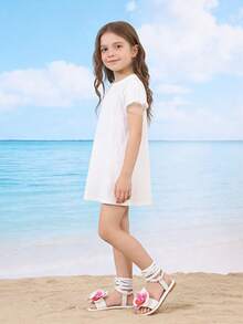 女童平底凉鞋，编织踝带，饰以花朵和珍珠点缀 - 夏季沙滩鞋 - 白色 - 查看 5