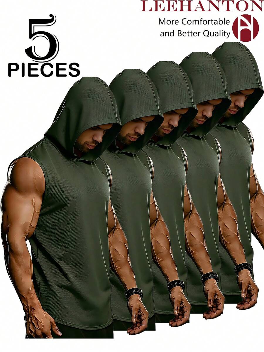 5-Pack, Men's Hooded Sports Vests, Men's Summer Sports Vests, Men's Summer Sports Hoodies, Sleeveless Hoodies, Suitable For Gym Workouts, Ball Sports, Outdoor Leisure, Hiking, Polyester Mesh, Breathable And Sweat-Proof, Men's Cool Vests, Multiple Colors Available, High Quality. - 軍綠色 - 查看 1