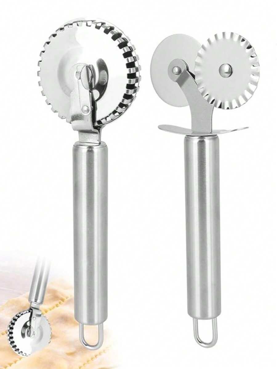 1/2件套不锈钢糕点切割器、饺子切割器、披萨切割轮、意面滚轮，带人体工学手柄，易于使用和清洁 - 銀色 - 查看 1