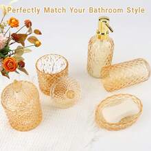 5-Piece Diamond-Cut Glass Bathroom Accessories Set, Rust-Proof Toothbrush Holder & Soap Dispenser, Tumbler & Cotton Jar, Modern Crystal Bathroom Decor - Back To School Gift For Dorm, Housewarming Gift - 金色 - 查看 6