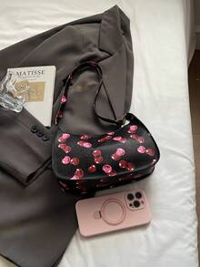 时尚樱桃图案新月形女包，简约百搭单肩包，适合购物、商务、通勤、户外活动、旅行、日常使用。 - 黑色 - 查看 9