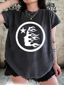 Hellstars White Flame Logo Retro Washed Print Round Neck Short Sleeve T-Shirt, 230g 100% Cotton T-Shirt, Summer Clothes, Women's Tops, Casual And Comfortable, Fashionable Graphic Tee, Unisex Style - Black - View 1