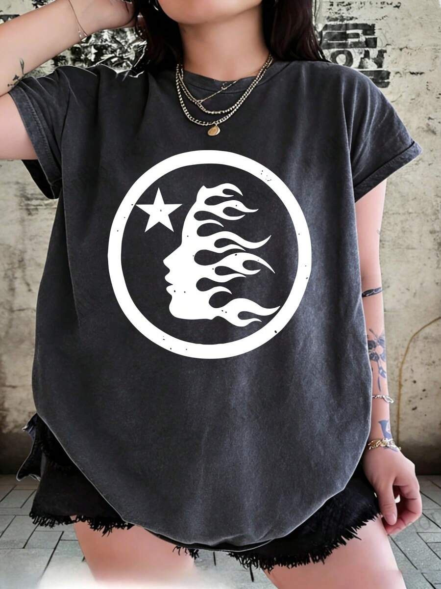 Hellstars White Flame Logo Retro Washed Print Round Neck Short Sleeve T-Shirt, 230g 100% Cotton T-Shirt, Summer Clothes, Women's Tops, Casual And Comfortable, Fashionable Graphic Tee, Unisex Style - Black - View 1