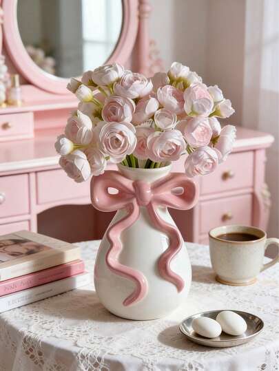 Bình hoa nơ hồng, bình trang trí dễ thương kiểu Kawaii cho trang trí nhà cửa, bình hoa tối giản hiện đại dùng để cắm hoa tulip và hoa khô, vật trang trí lý tưởng cho bàn trang điểm, phòng ngủ, phòng khách và đám cưới.