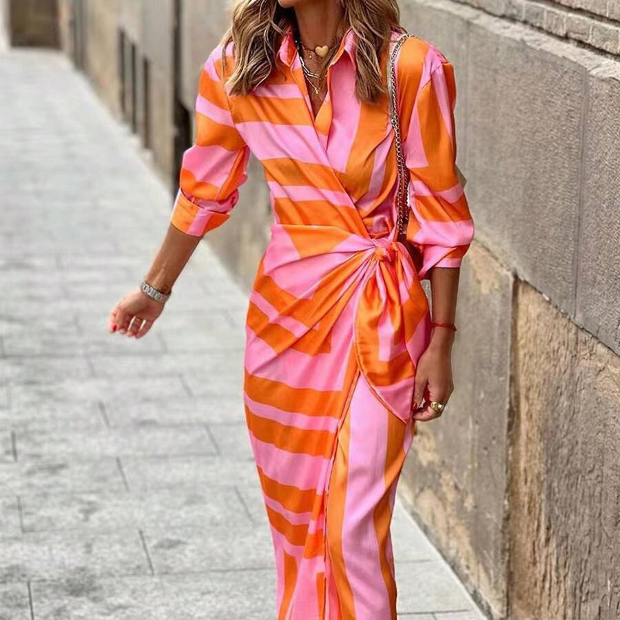 2026 European And American Women's Fashion New Product: Stylish Printed Shirt-Collar Tie-Waist Mid-Length Striped Dress - 15# - 查看 1