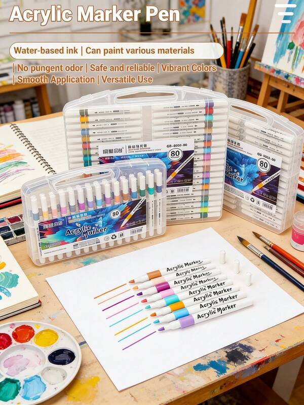12-80色丙烯颜料马克笔套装，配有便携盒，笔尖纤细，经久耐用，防水，速干，色彩饱和度高，附着力强，书写流畅，不易褪色。适用于在岩石、木材、玻璃、织物、纸张、陶瓷等材质上作画，是成人艺术创作、学生绘画、DIY项目以及生日和圣诞节礼物的理想之选。