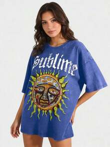 Retro Sun Face Skull Print, SUBLIM Band Style Free Theme Loose Short Sleeved Shirt Vintage Washed CottonT-Shirt Crew Neck Soft Tee For Men Women - 藍色 01 - 查看 2