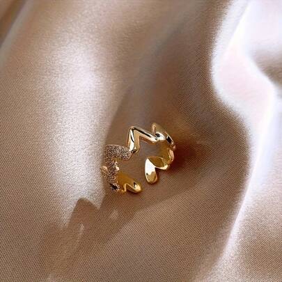 1枚心形开口戒指，奢华小众设计指节戒指，简约金色戒圈，生日/情人节礼物，可调节尺寸