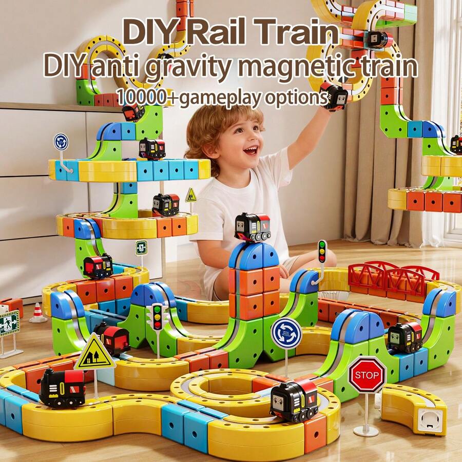 DIY Train Track Building Blocks Set With Train And STEM Magnetic Cube Blocks, Electric High-Speed Rail Track Car, Suitable For Kids 3+ Years Old Boys And Girls, Birthday Party Gift, 62pcs/105pcs