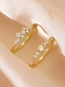 2pcs Elegant Rhinestone Decorated Ring Set, Fashionable Rings For Women, Suitable For Daily Wear - الذهبي - مشاهدة 2