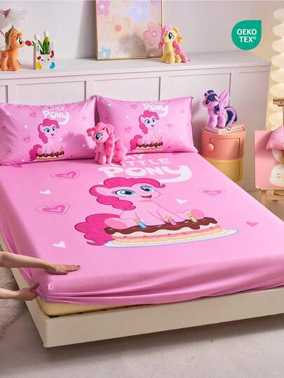 2/3pcs Set  Printed Bedding Set, Including Fitted Sheet, Mattress Protector, Soft & Breathable, Multiple Sizes Available For Twin/Full/Queen/King Bed, Machine Washable, Cartoon Character Design, Warm Room Decor, Great Gift, Pink, OEKO-TEX Certified