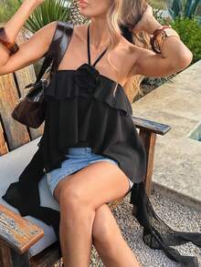 Vellofy Women's Y2K Sexy Halter Neck Ruffle Trim Crop Top, Backless Asymmetrical Strap Short Sexy Blouse, Suitable For Beach Holiday Outfit - Black - View 10