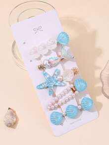 5PCS Shell Hair Clips For Girls Shiny Starfish Alligator Clips Faux Pearl Decor Hair Barrettes With Mermaid Tail For Spring&Summer Holiday Vacation Outfits Nature Headdress Teens Hair Accessories - Multicolor - View 5