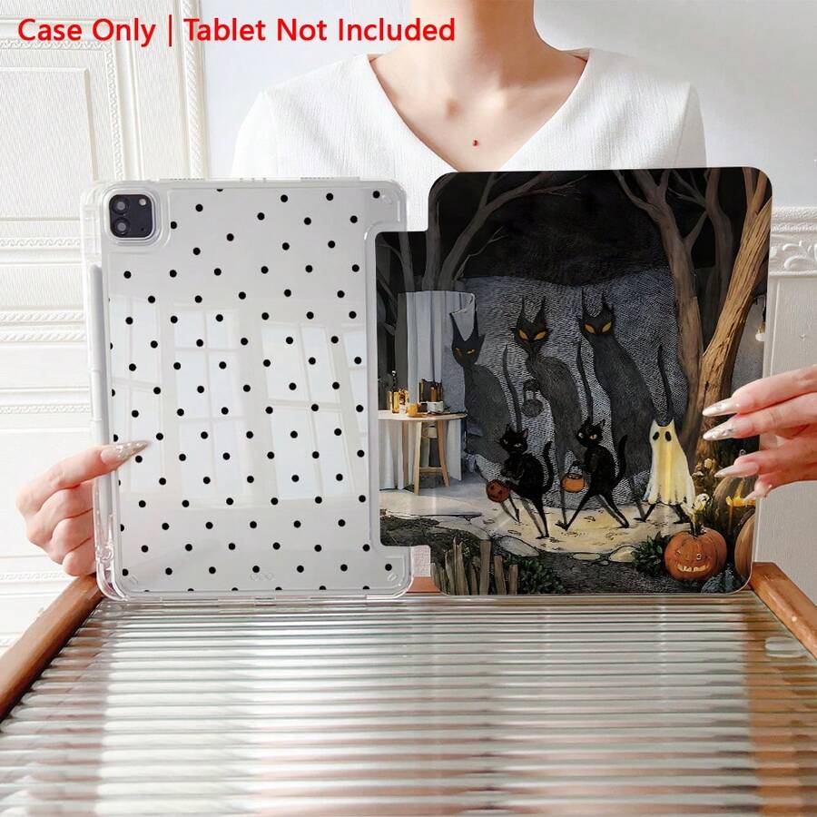 1个万圣节黑色猫鬼图案3+Y可折叠多角度磁吸支架平板电脑保护套，带笔槽和自动休眠/唤醒功能，兼容iPad Pro/Air、iPad 5/6/7 - 彩色 - 查看 1
