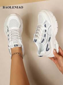 New Women's Geometric Pattern Sports Shoes, Knitted Fabric Lace-Up, Mesh Patchwork, Breathable White Outdoor Running Sneakers, Thick Sole Versatile Tennis Shoes For All Seasons - White Blue - View 6