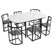 Six-Seater Dining Table And Chair Set: (White Table, Chairs With Grey Backrests And Cushions, Black Iron Frame), Dining Table And Chair Set, Modern Dining Table And Chair Combination (Old Reference: 308399408AAS) - Black - View 6