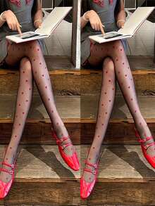 1双女士性感丝袜，红色爱心提花透明连裤袜，时尚百搭，适合派对和聚会 - 黑色 - 查看 11