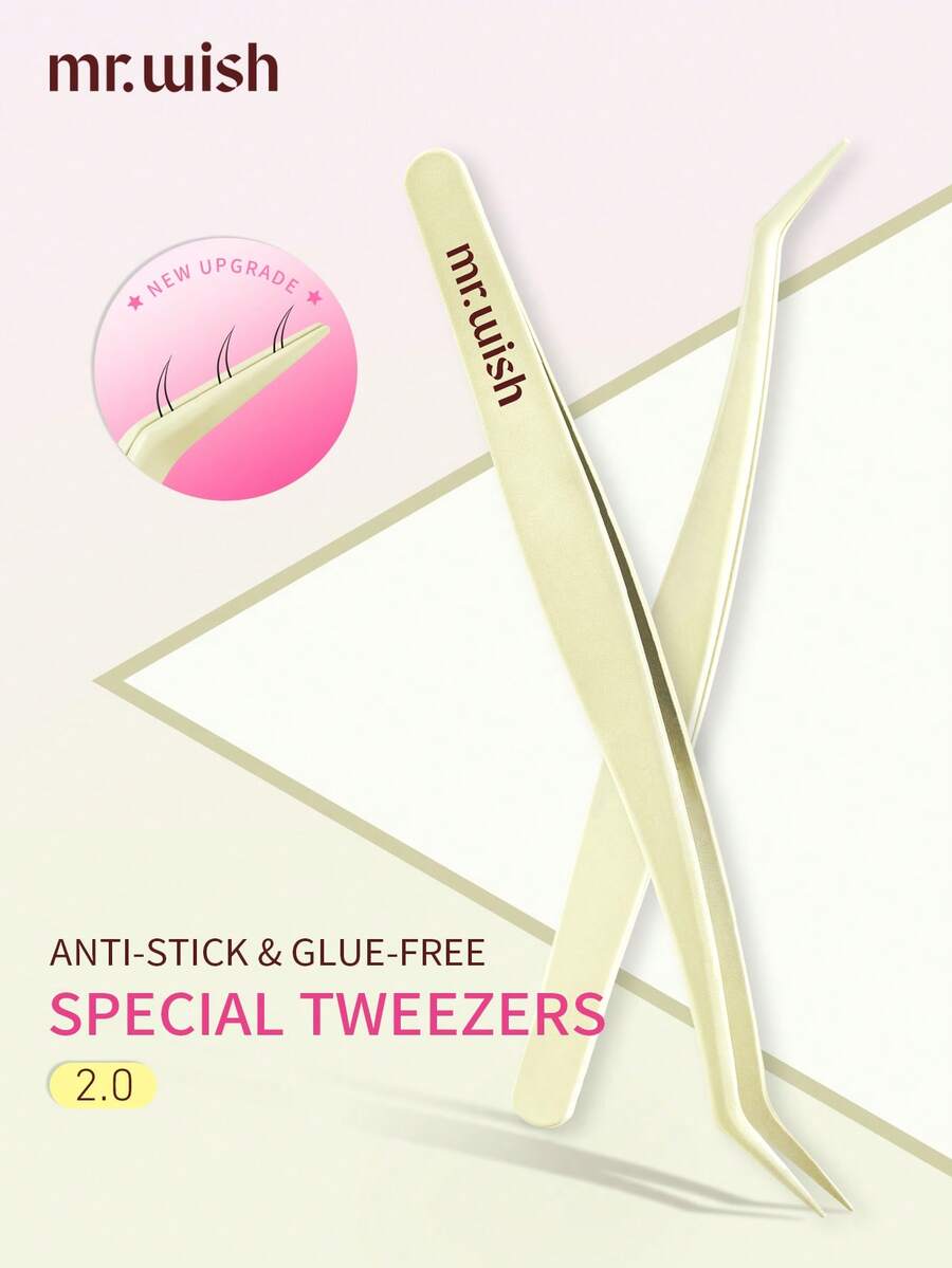 430 Stainless Steel Tweezers - Glue-Free Specialized Tweezers, Precise Tweezers For Beginners, High Precision Portable MR.WISH False Eyelashes - Yellow - View 1