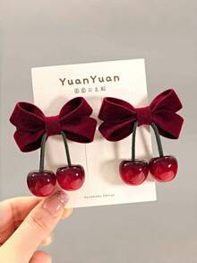 4pcs Vintage Velvet Bow & Cherry Hair Clips, Cute Side Bangs Clips For Girls - Multicolor - View 3
