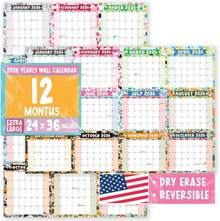 Hadley Designs Yearly Wall Calendar 2026 Large - 12 Month Dry Erase Calendar For Wall, Double-Sided, Reversible, Erasable, Reusable, Full Year Long Annual Planner - Doodle Colorful - ColorA - 查看 1