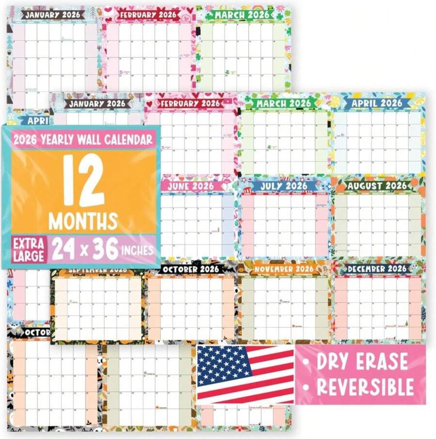 Hadley Designs Yearly Wall Calendar 2026 Large - 12 Month Dry Erase Calendar For Wall, Double-Sided, Reversible, Erasable, Reusable, Full Year Long Annual Planner - Doodle Colorful - ColorA - 查看 1