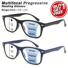 A Set Of 2 Stylish Multifocal Reading Glasses, Featuring Convenient Lenses For Both Near And Far Vision, Classic Fashionable Square Frames, And Comfortable Spring Hinges, Suitable For Both Men And Women. - 藍色 - 查看 2