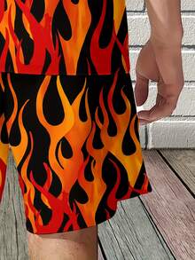 Ensemble deux-pièces pour hommes d'été : - Chemise à motif de flamme et manches courtes, plus shorts avec poches et cordon de serrage à la taille - Col rond décontracté, tissu extensible, adapté aux températures chaudes, vêtements pour la zone de la piscine. | Vêtements mode pour hommes | Shorts avec attache-câbles - Couleurs mélangées - Voir 5