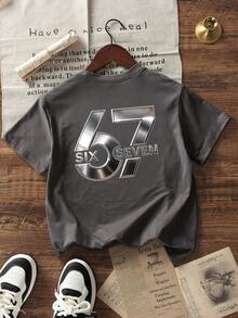 男童“67 SIX SEVEN”金属印花短袖T恤，休闲圆领T恤，酷炫街头风童装上衣 - 深灰色 - 查看 3