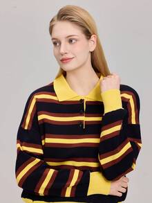 Women's Casual Commuting Contrast Stripe Pattern Polo Collar Loose Knit Sweater, Spring/Autumn - Multicolor - View 4