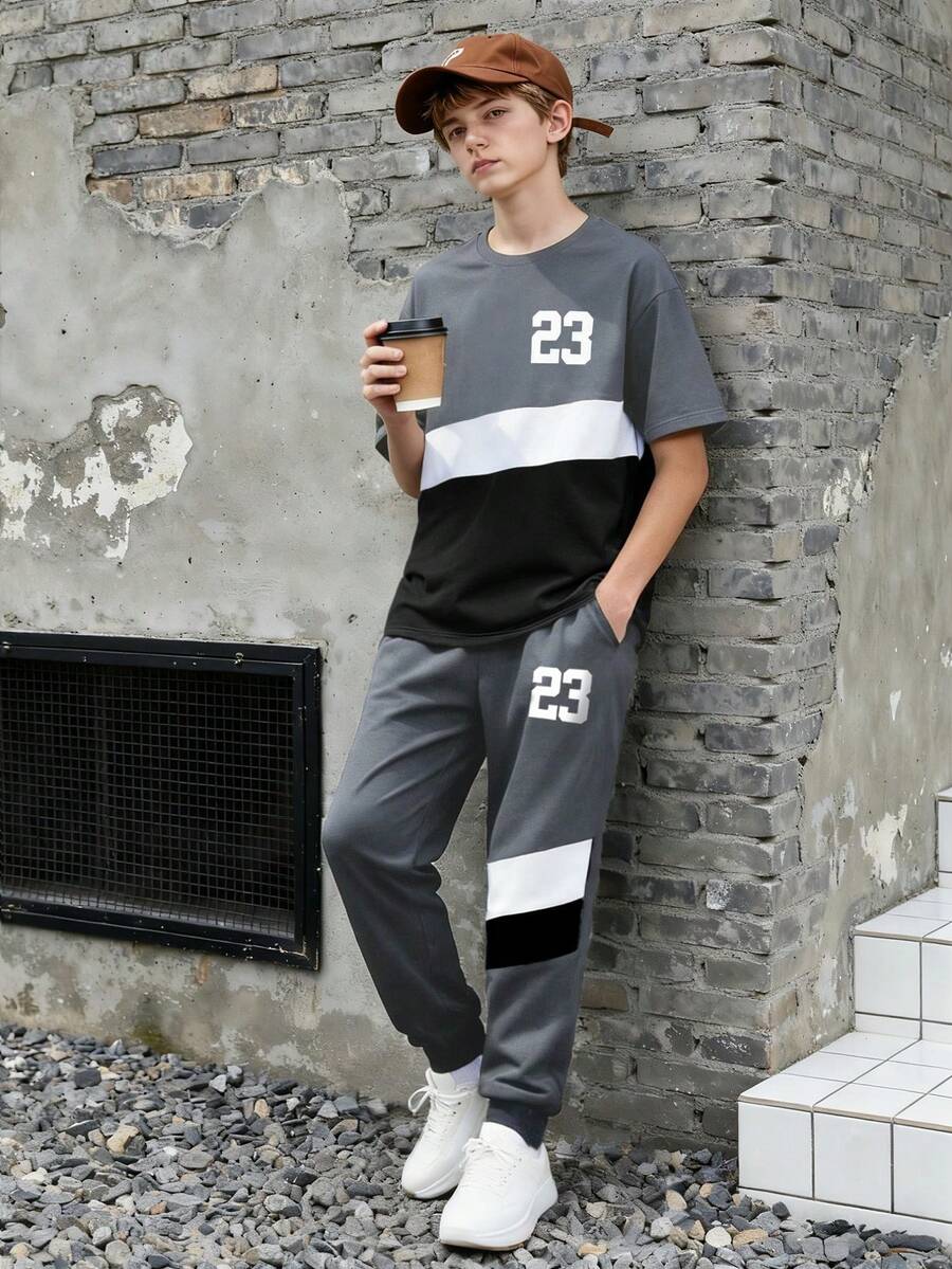 Bộ đồ thể thao ngắn tay và quần jogger cho tuổi teen mùa xuân/hè, phối màu đen trắng xám, in số 23, trang phục thường ngày thoải mái, năng động, phù hợp cho đi học, đi làm và các dịp giao lưu nhẹ nhàng. - Xám - Xem 1