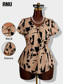 Plus Size Women Geometric Pattern Front Tie Blouse, Suitable For Daily Wear, Evening Date, Holiday, Wedding, School, Vacation, Work, Home, Birthday Party, Dates - Camel - View 2