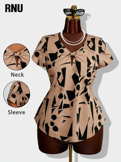 RNU Plus Size Women Geometric Pattern Front Tie Blouse, Suitable For Daily Wear, Evening Date, Holiday, Wedding, School, Vacation, Work, Home, Birthday Party, Dates