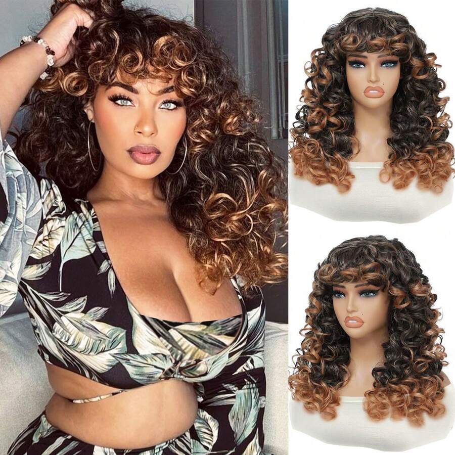 DZfirst 18-Inch Curly Synthetic Wig With Bangs, Natural Looking Wavy Wig For Daily Wear