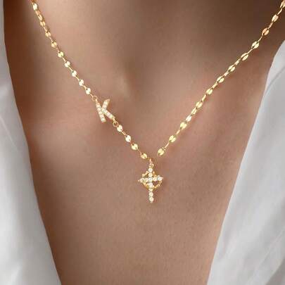 1pc New Fashion Initial Exquisite Elegant Shiny Crown Cross Pendant Golden Stainless Steel Lip Chain Necklaces For Women