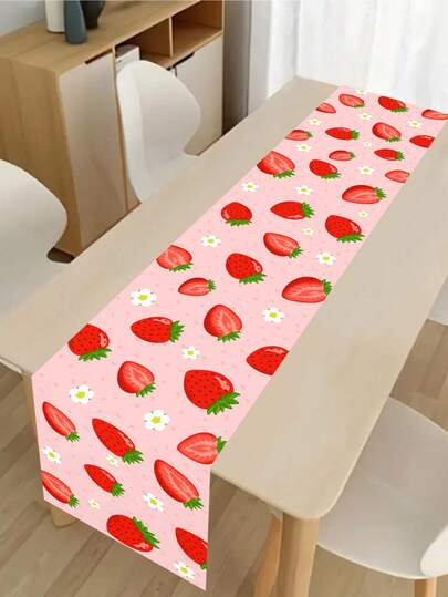 1Pc 35*180cm Pink Strawberry Pattern Long Table Runner Suitable For Birthday Wedding Receptions Wedding Decorations Birthday Party Table Runners Home Decor And Holiday Party Table Runners