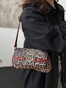 This New Shoulder Bag Features A Simple And Fashionable Design, Decorated With A Leopard Print Pattern And A Striking Color Contrast. It Has A Foldable Design, Allowing It To Be Used As Both A Clutch And A Shoulder Bag. It Is Perfect For Daily Outings, Shopping, Office, Parties, Vacations, And Short Trips. The Color Is Burgundy, Making It Very Versatile. - Red - View 5