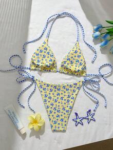 Women's 2 Pieces Halter Bikini Set, Fresh & Sweet Design, Suitable For Beach, Party, Summer Vacation - Yellow - View 4
