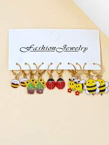 10pcs/30pcs Spring/Summer New Metal Drip Oil Cute Bee, Flower, Ladybug, Honeycomb Earring Set - Multicolor - View 6