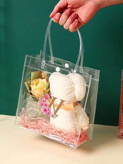 1pc Floral Alphabet A-Z Handle Transparent Bag, Plastic Clear Bag, Reusable PVC Gift Packaging Bag, Suitable For Boutique, Wedding, Birthday Party, Christening Party, Graduation Party, Thanksgiving, Christmas, Valentine's Day, New Year Gifts, Simple Home Decor