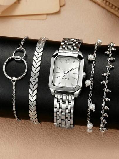 5件套女士石英手表手链套装，优雅华丽，简约复古表盘，适合日常佩戴、派对装饰或母亲节等各种节日送给朋友。