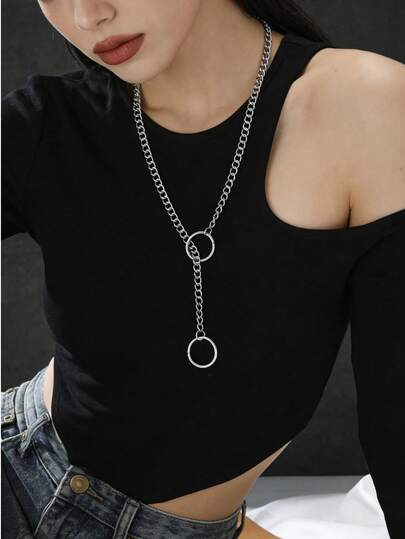 1件嘻哈朋克银色链O形可调节项链，男女情侣时尚配饰，Emo风格项链，珠宝礼物