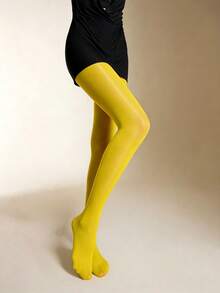 1 Pair Yellow Glossy Sheer Tights Sexy Shiny Bold Stockings Daily Wear - Multicolor - View 2