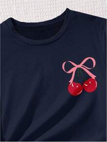 Girls 2 Piece Summer Outfit Cherry Bow Graphic Tee & Shorts Set Cute Casual Outfits - Deep Blue - View 5