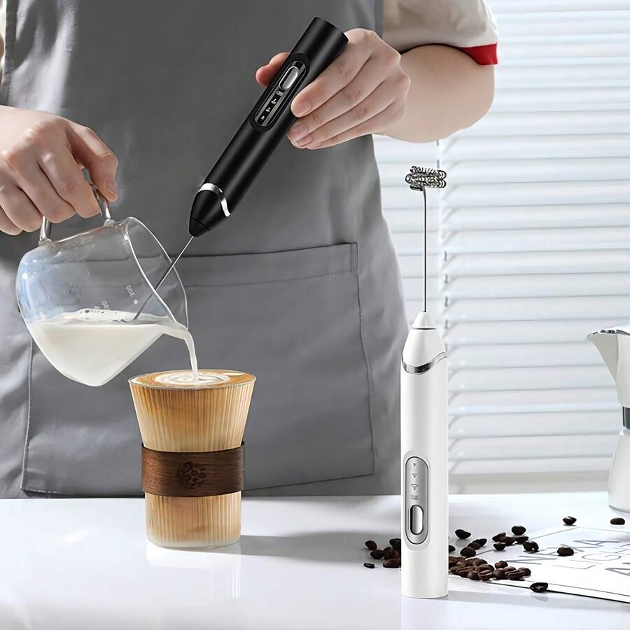 Máy đánh sữa và cà phê cầm tay gia đình mới nhất, máy đánh sữa điện, máy trộn đánh sữa kèm giá đỡ, sạc USB, máy đánh sữa, máy đánh trứng, chất liệu ABS + thép không gỉ 304.