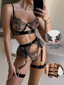 Women's Sexy Embroidered Floral Sheer Lingerie Set, Exotic Style - Black - View 5